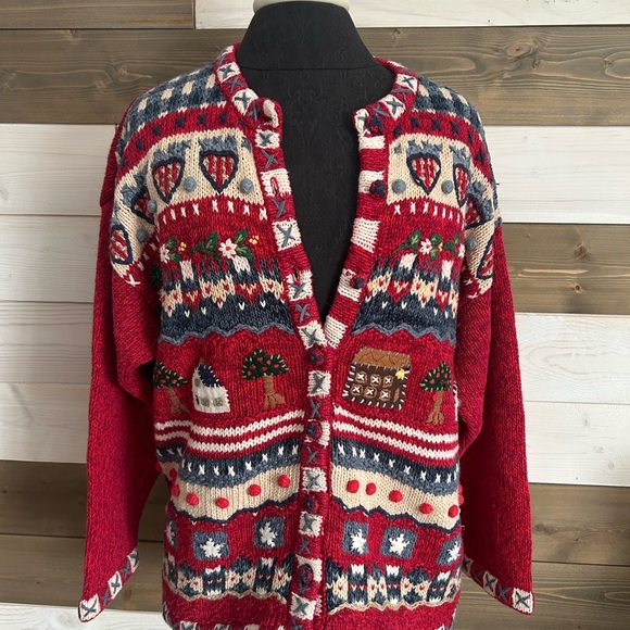 Heirloom Collectibles Sweaters - Heirloom Collectibles ⚜️ Red Cottage Themed Woven Vintage Cardigan Sweater